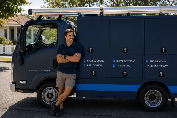 Plumber standing beside a service van in Kingsford