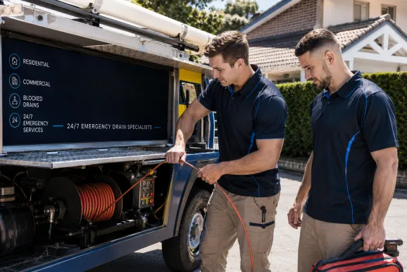 Two plumbers working on a blocked drain in Kingsford