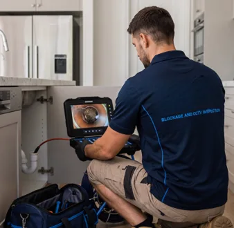 Plumber clearing a blocked toilet in a Kingsford bathroom